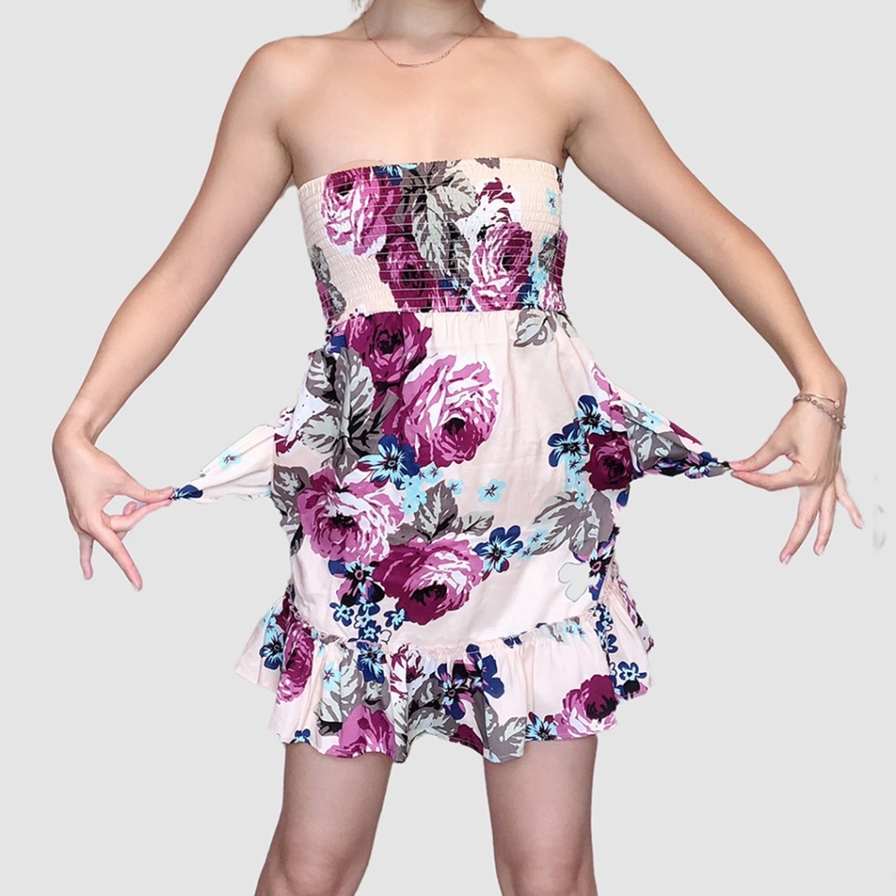 VINTAGE GUESS BY MARCIANO FLORAL STRAPLESS RUFFLE MINI DRESS STRETCH POCKET Y2K